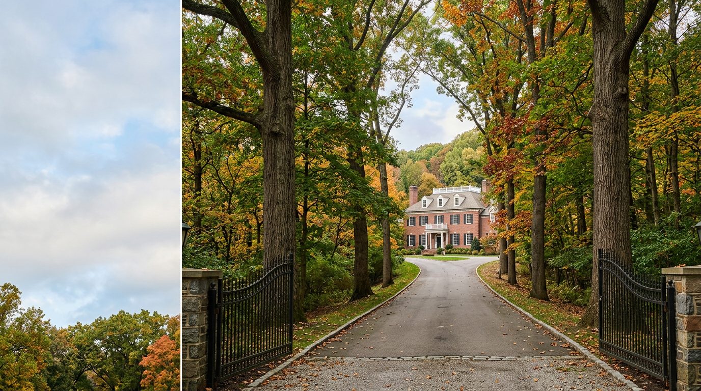 A long tree-lined driveway leading to a home in Fox Chapel, PA