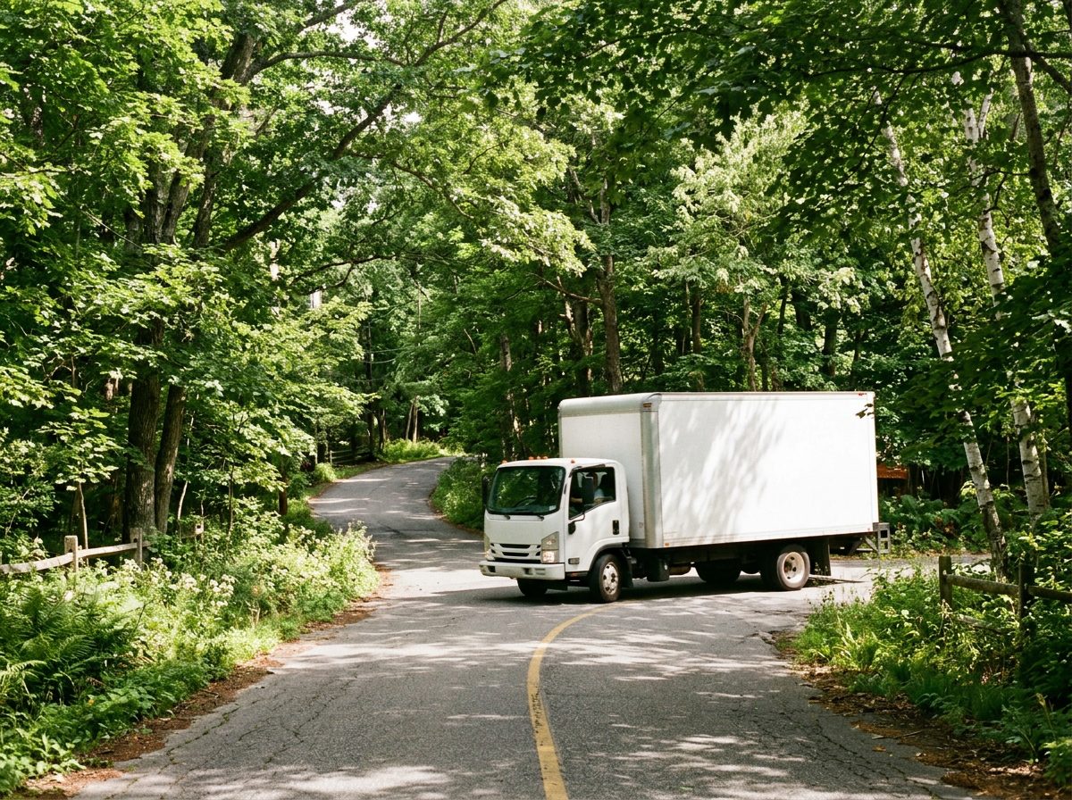 A moving truck navigating a tree-lined road near Fox Chapel