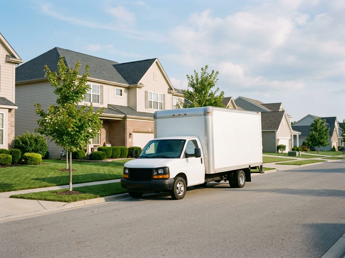 A moving truck staged on a Franklin Park subdivision street