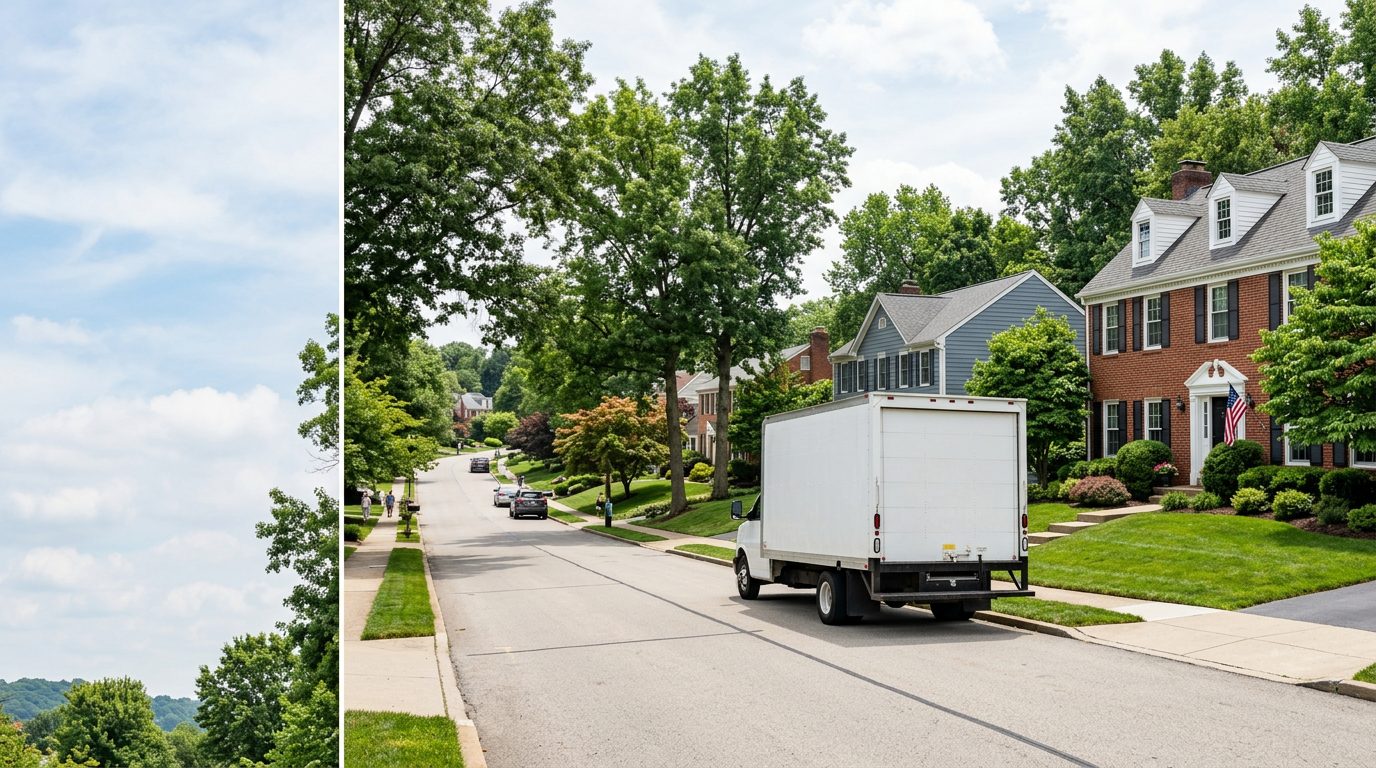 A moving truck parked on a residential street in Upper St. Clair