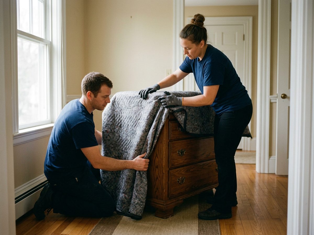 Movers wrapping furniture inside a home in Upper St. Clair